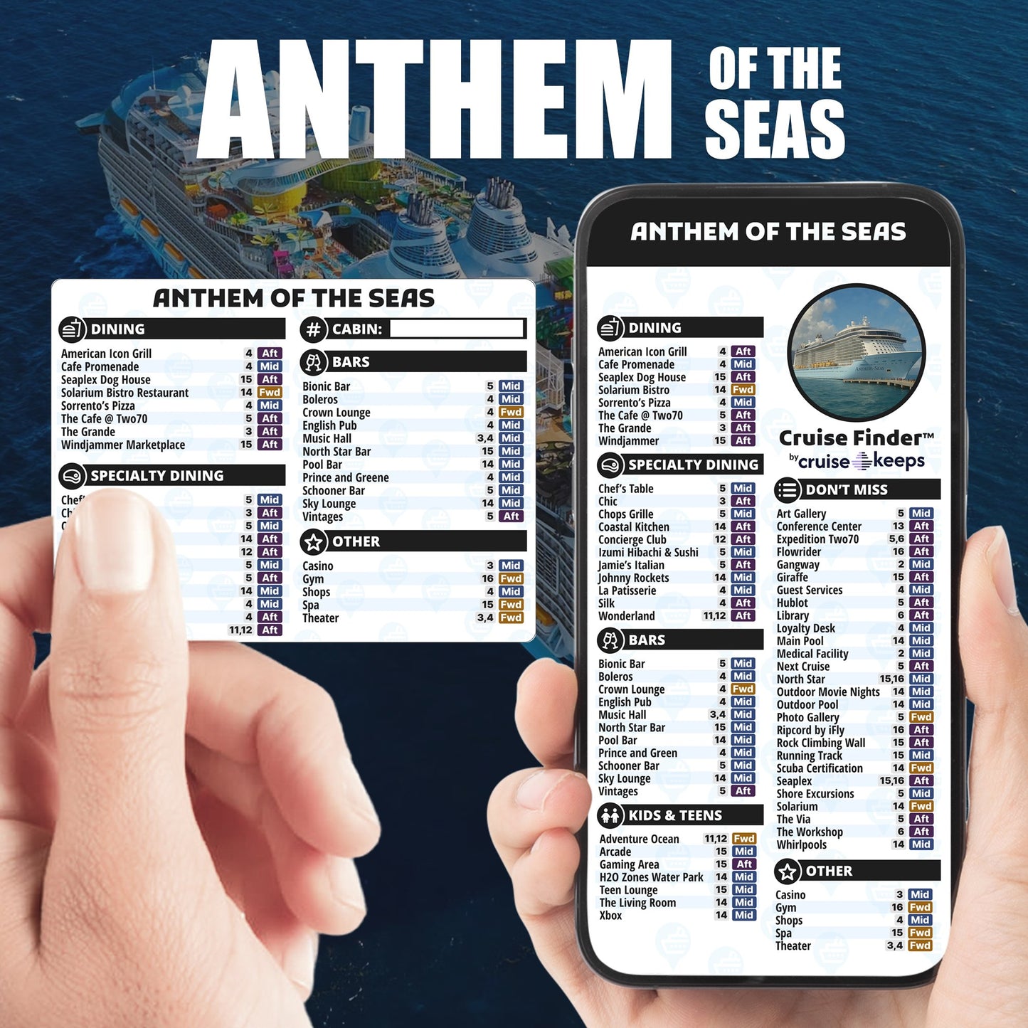 Anthem of the Seas deck finder cards, printed card and digital locator on an iPhone device.
