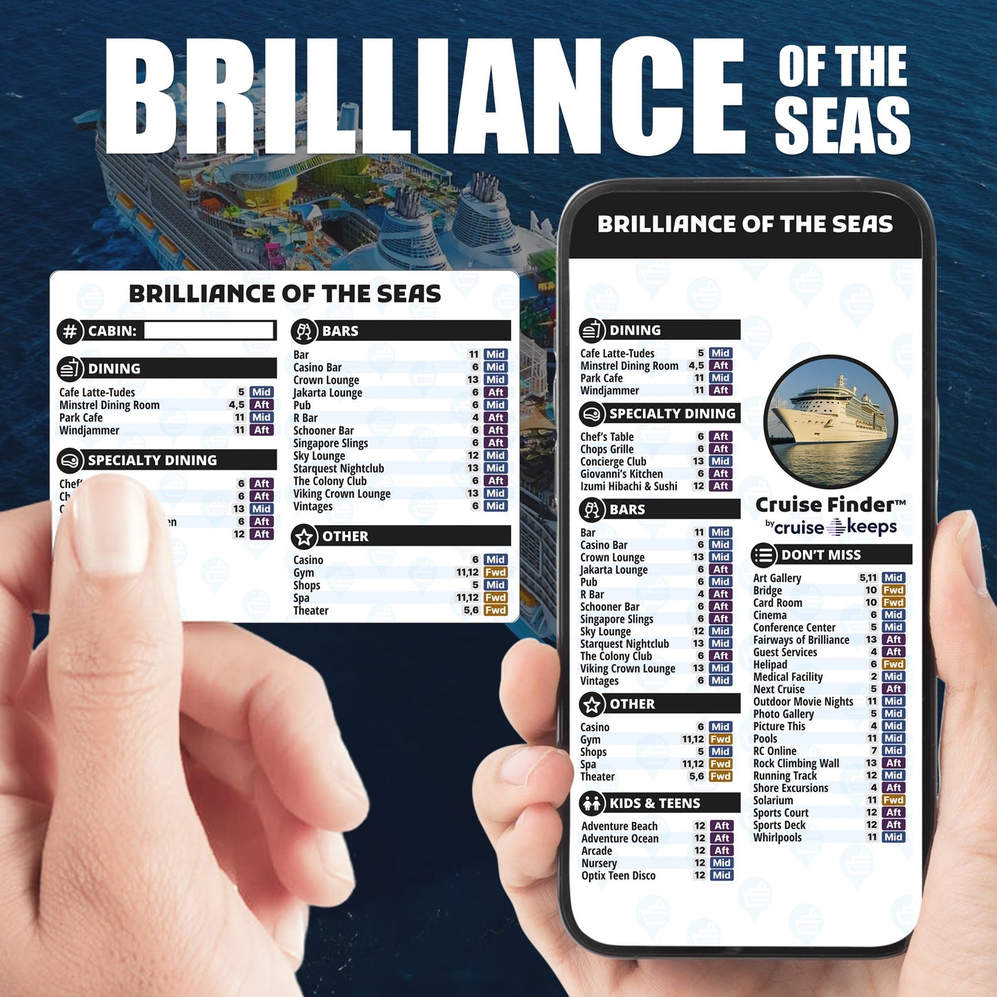 Brilliance of the Seas deck finder cards, printed card and digital locator on an iPhone device.
