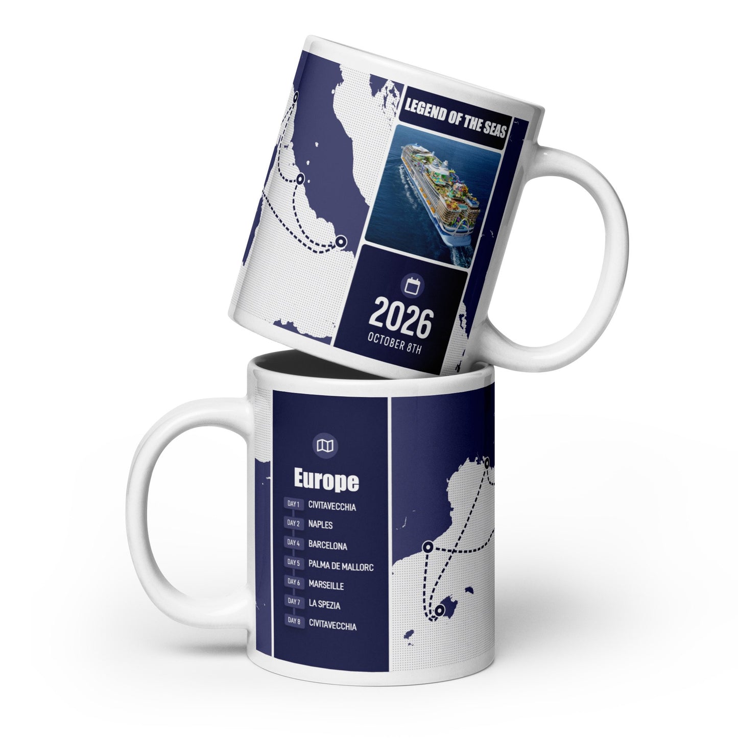 Two stacked coffee mugs featuring cruise ship, itinerary and cruise ports