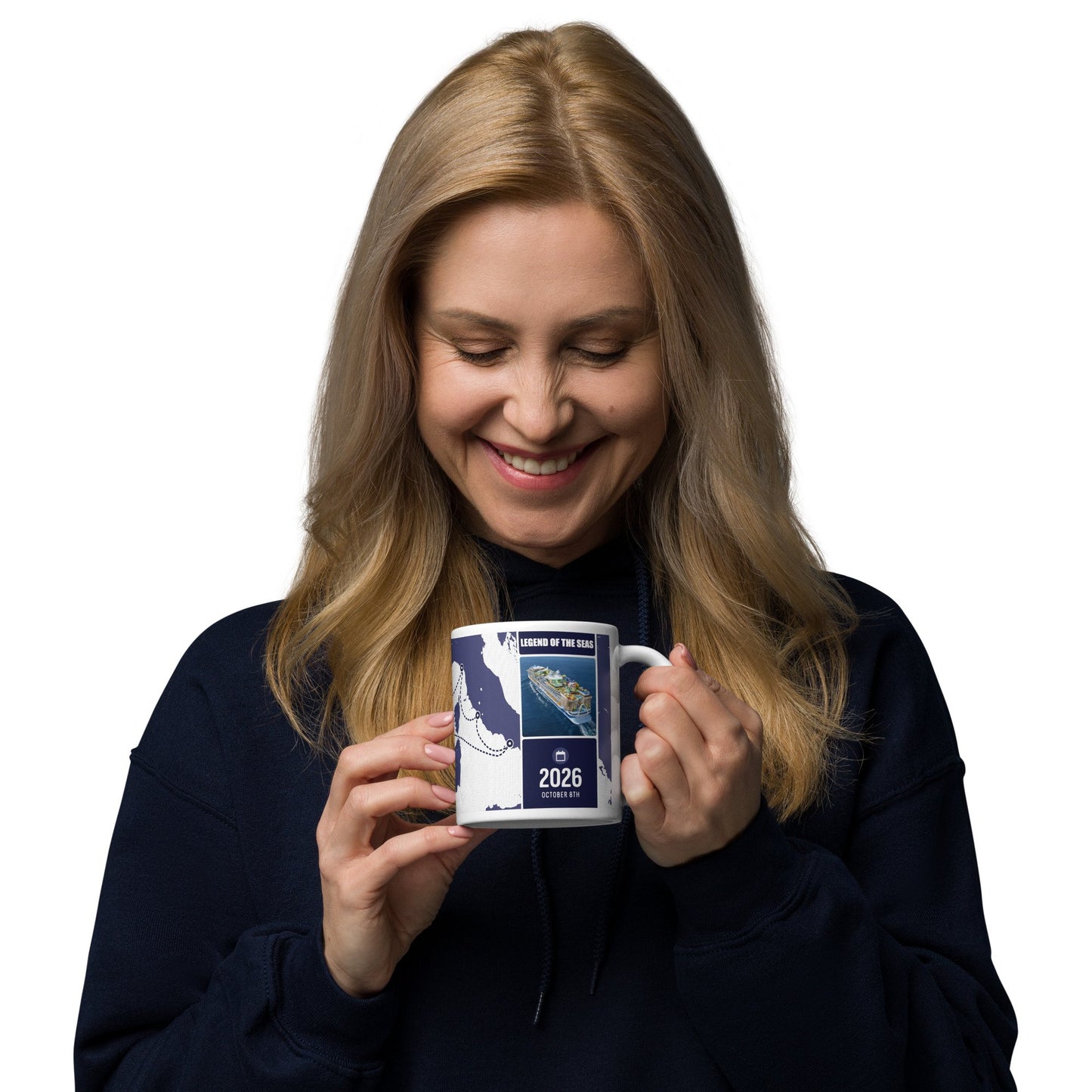 Woman holding custom cruise coffee mug and smiling