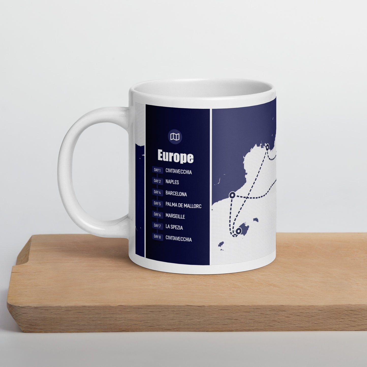 Cruise Itinerary Mug on Wooden Ledge