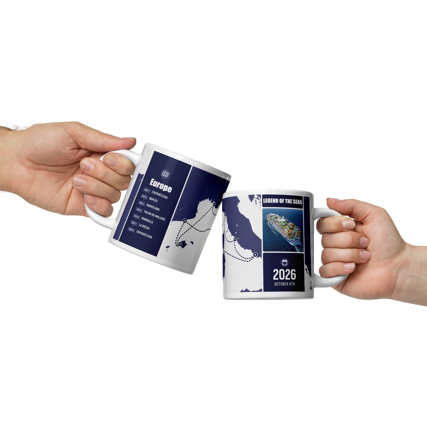 Two custom cruise coffee mugs - two sided design view