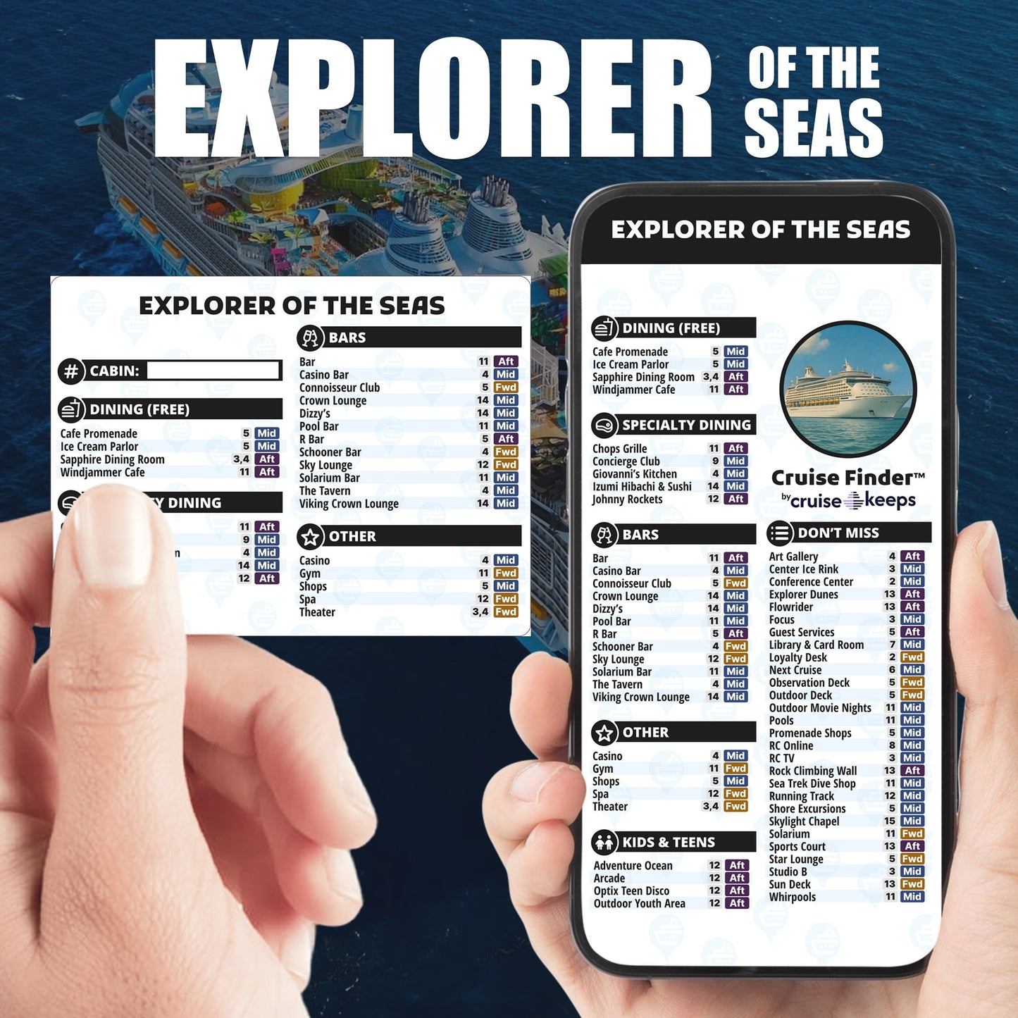Explorer of the Seas deck finder cards, printed card and digital locator on an iPhone device.