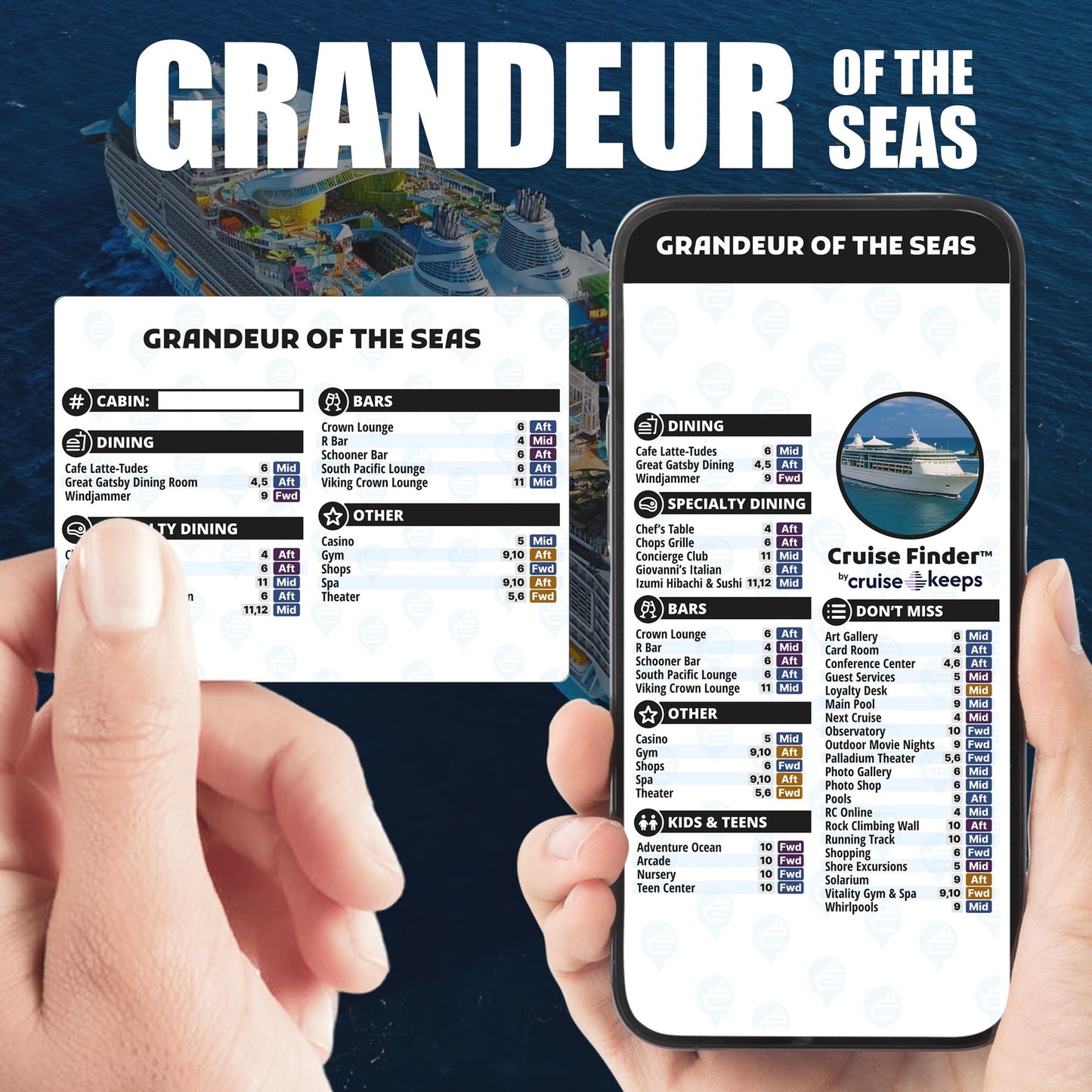 Grandeur of the Seas deck finder cards, printed card and digital locator on an iPhone device.