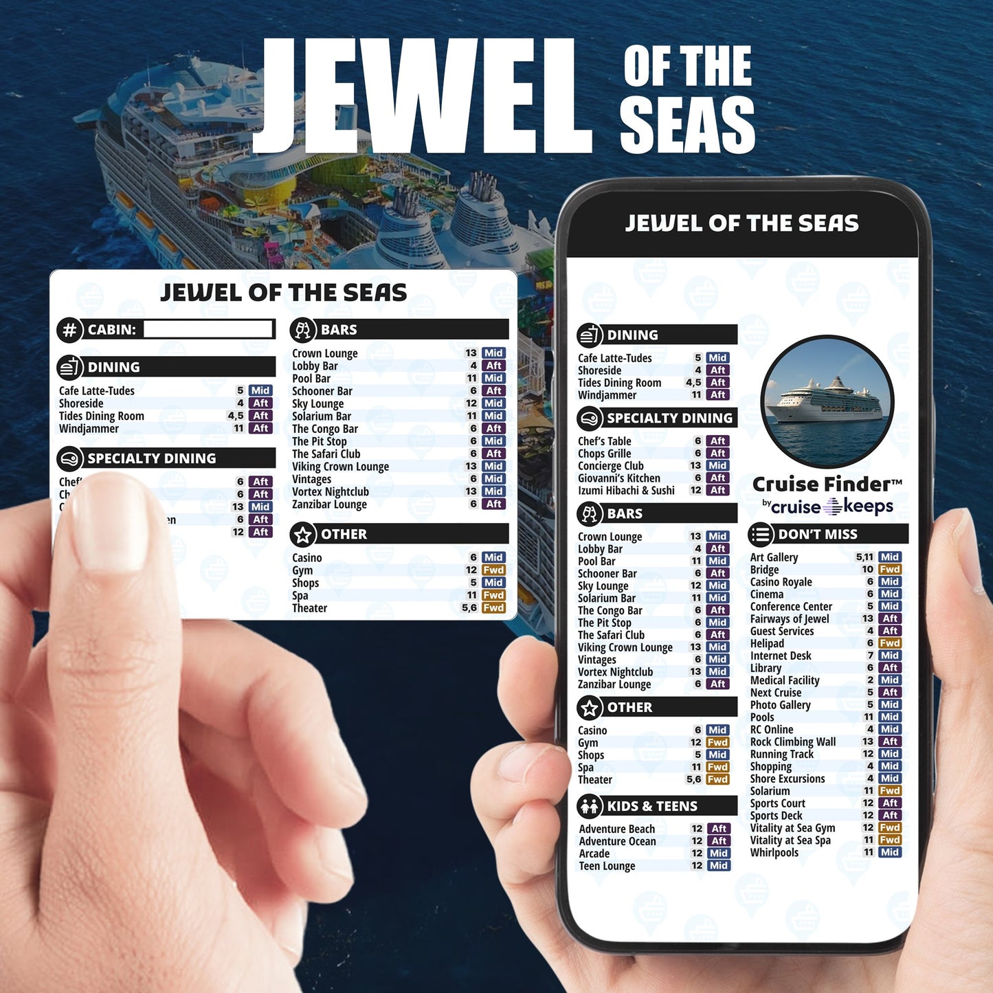 Jewel of the Seas deck finder cards, printed card and digital locator on an iPhone device.