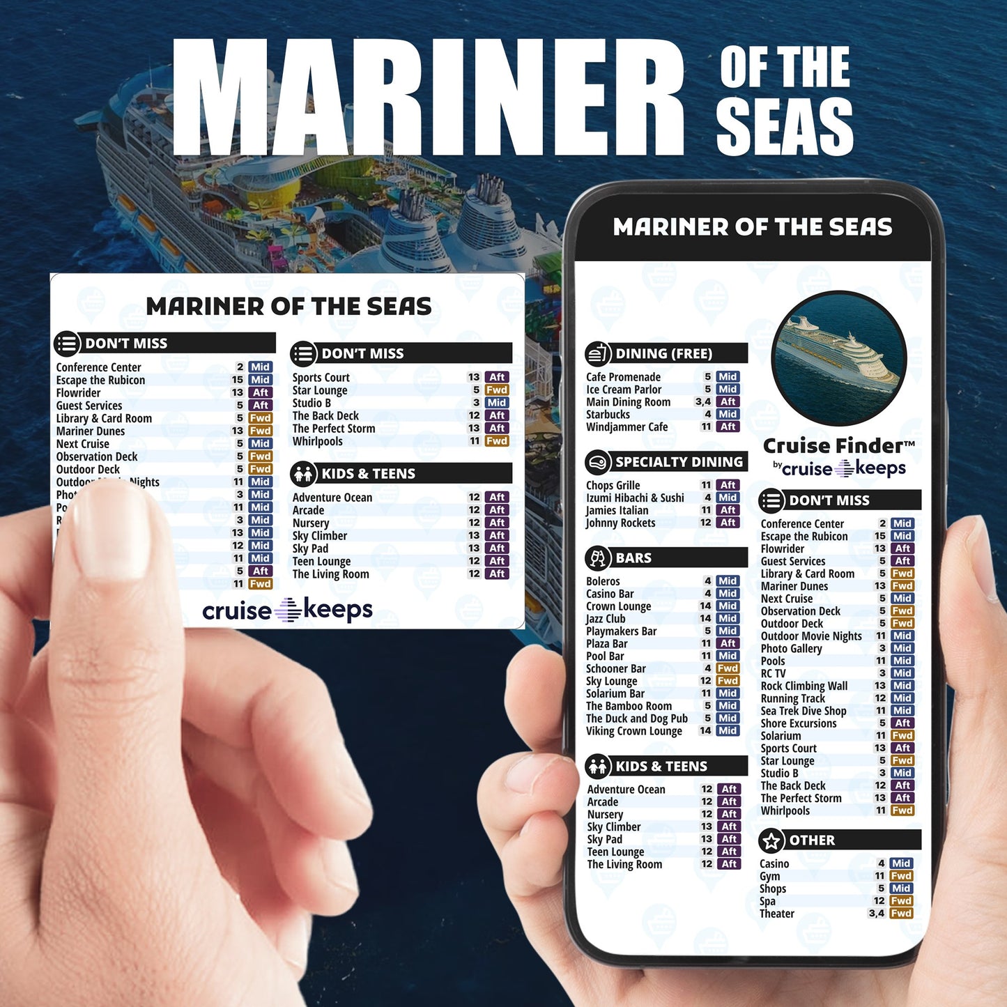 Mariner of the Seas deck finder cards, printed card and digital locator on an iPhone device.