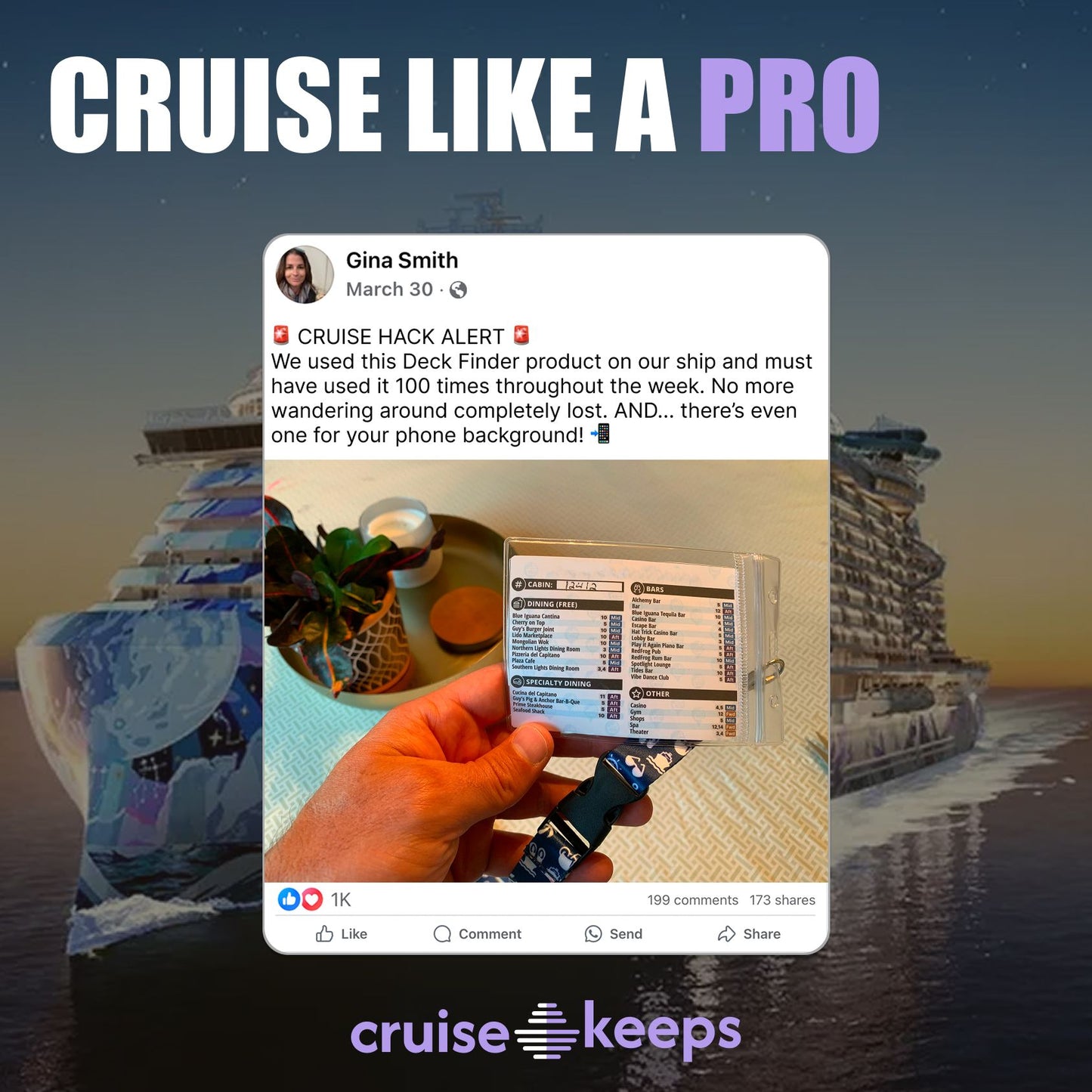 Norwegian Cruise ship with a person holding a phone displaying an 'NCL Deck Finder' card, with text overlay 'CRUISE LIKE A PRO' and 'Cruise Hack Alert' branding.