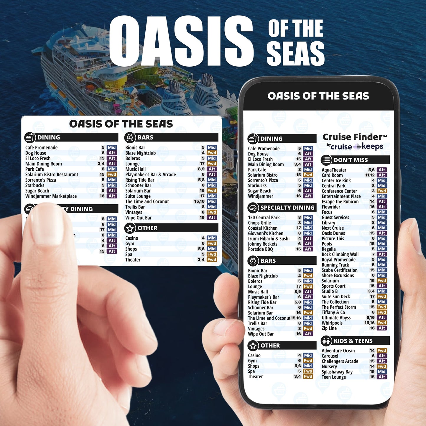 Oasis of the Seas deck finder cards, printed card and digital locator on an iPhone device.