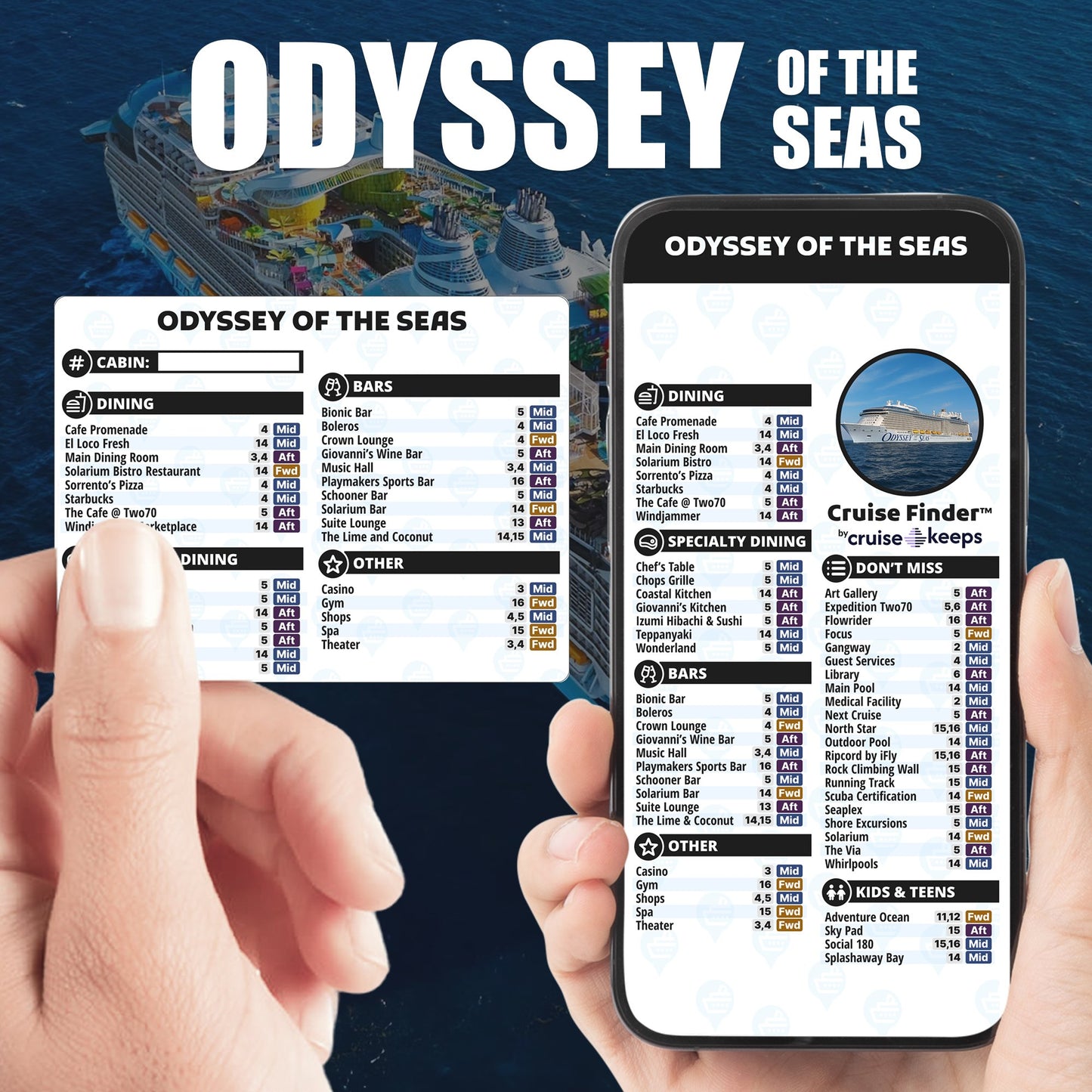 Odyssey of the Seas deck finder cards, printed card and digital locator on an iPhone device.