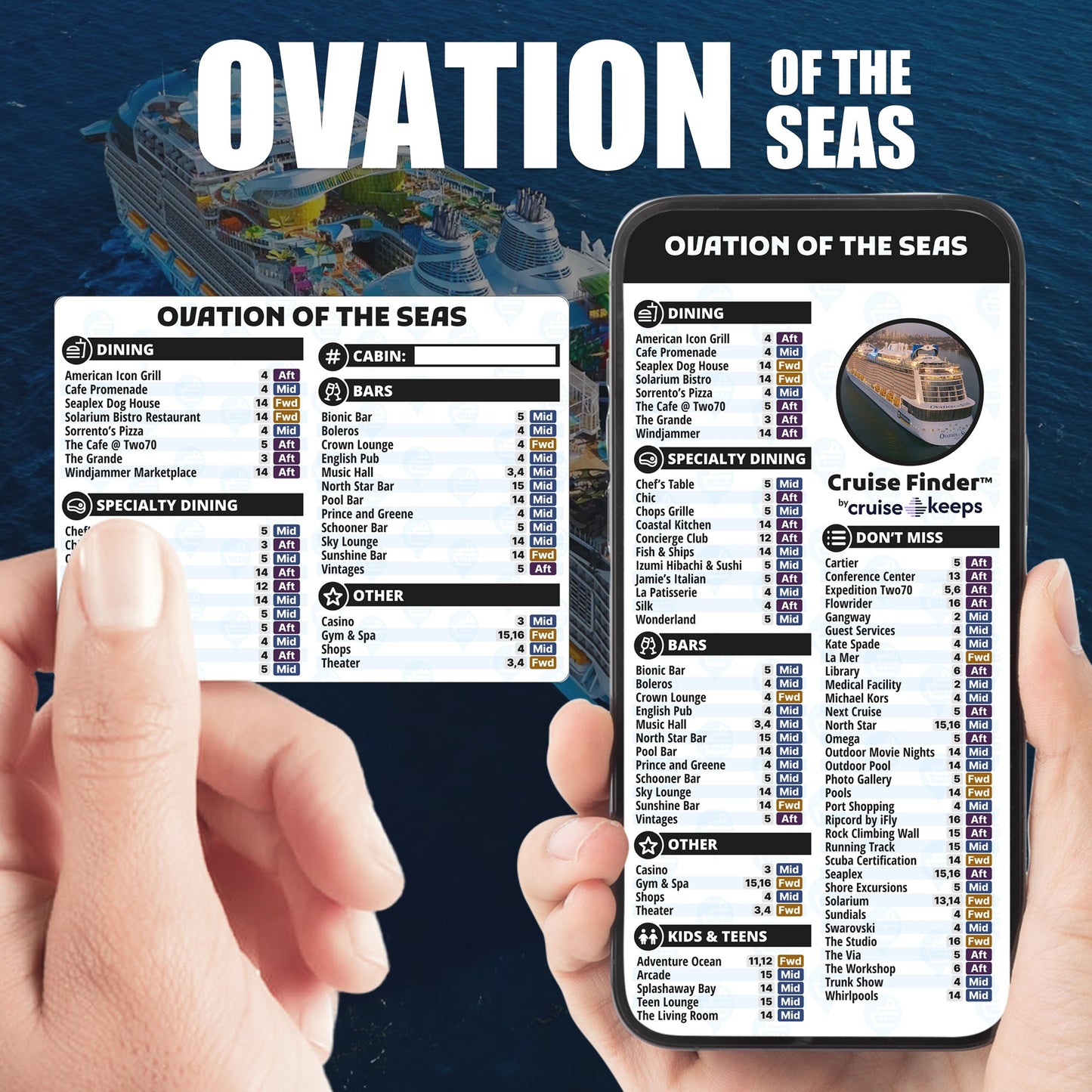 Ovation of the Seas deck finder cards, printed card and digital locator on an iPhone device.