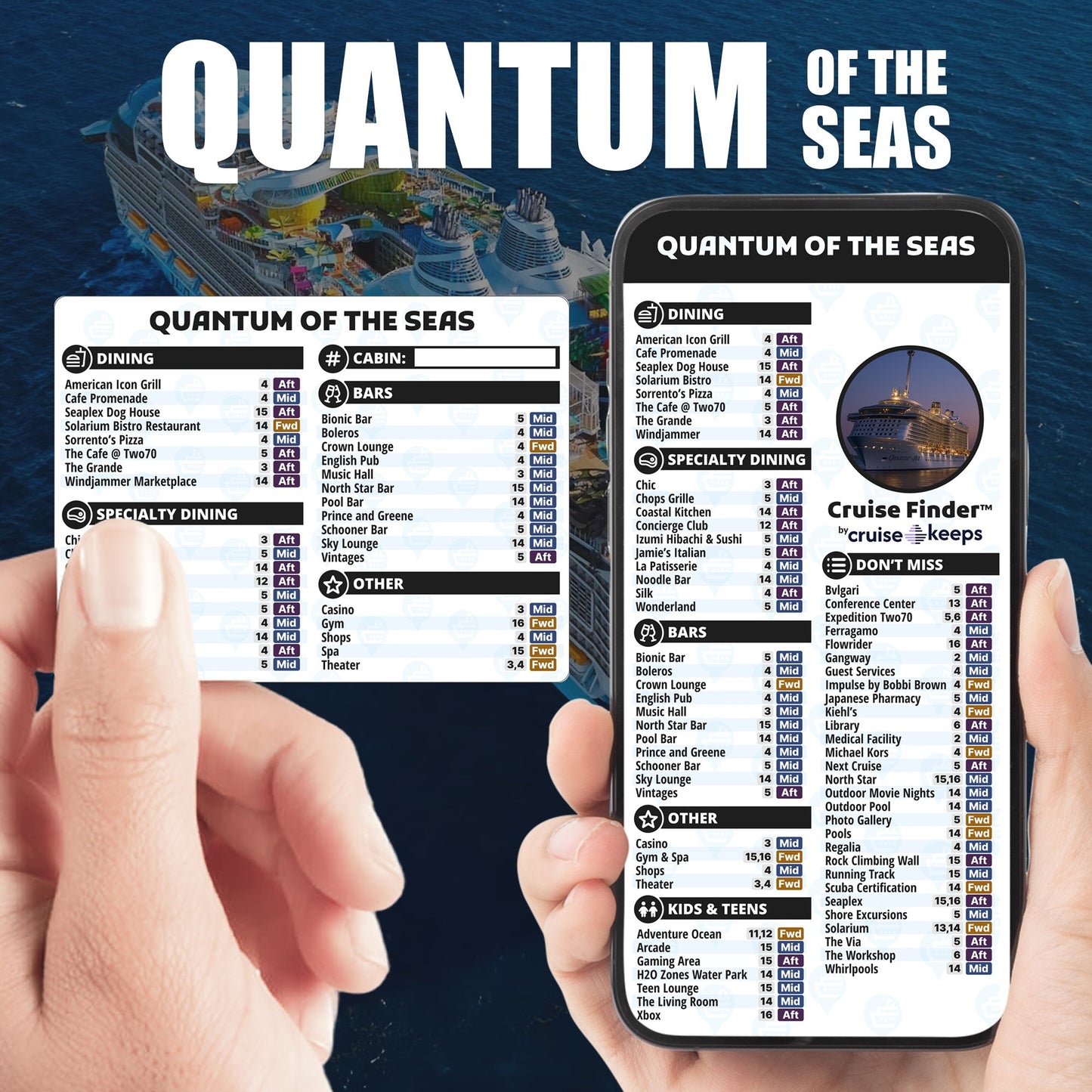 Quantum of the Seas deck finder cards, printed card and digital locator on an iPhone device.