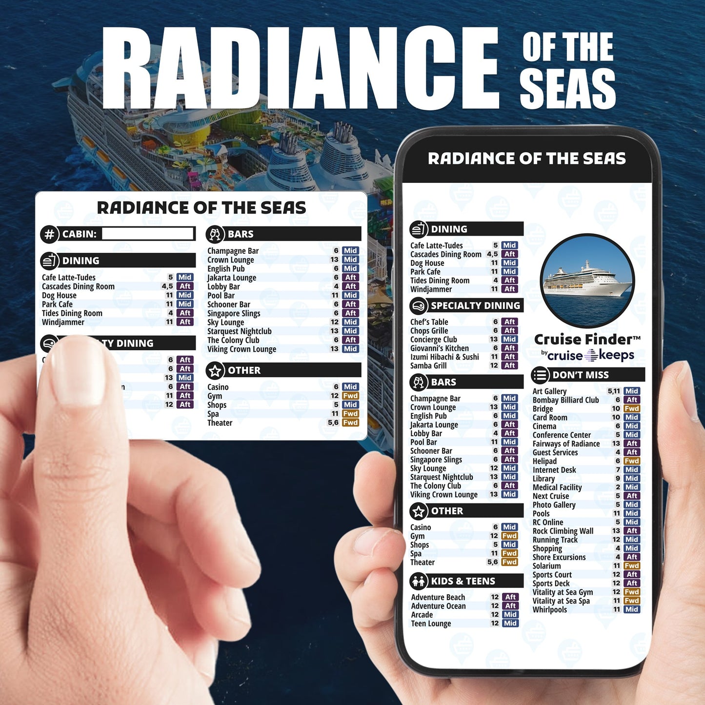 Radiance of the Seas deck finder cards, printed card and digital locator on an iPhone device.