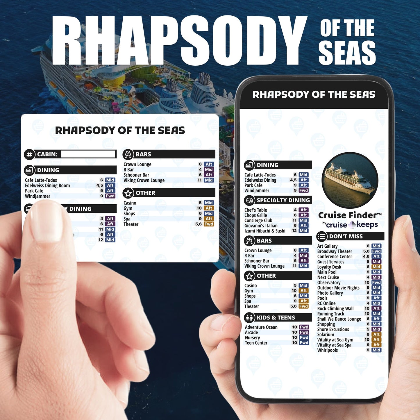 Rhapsody of the Seas deck finder cards, printed card and digital locator on an iPhone device.