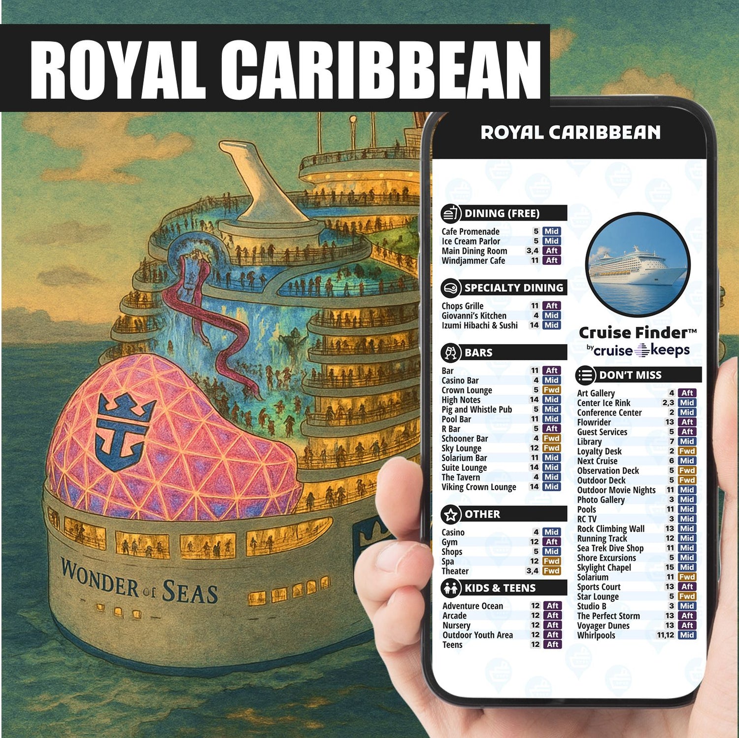Royal Caribbean cruise ship deck finder cards on iphone RCCL ship in background.