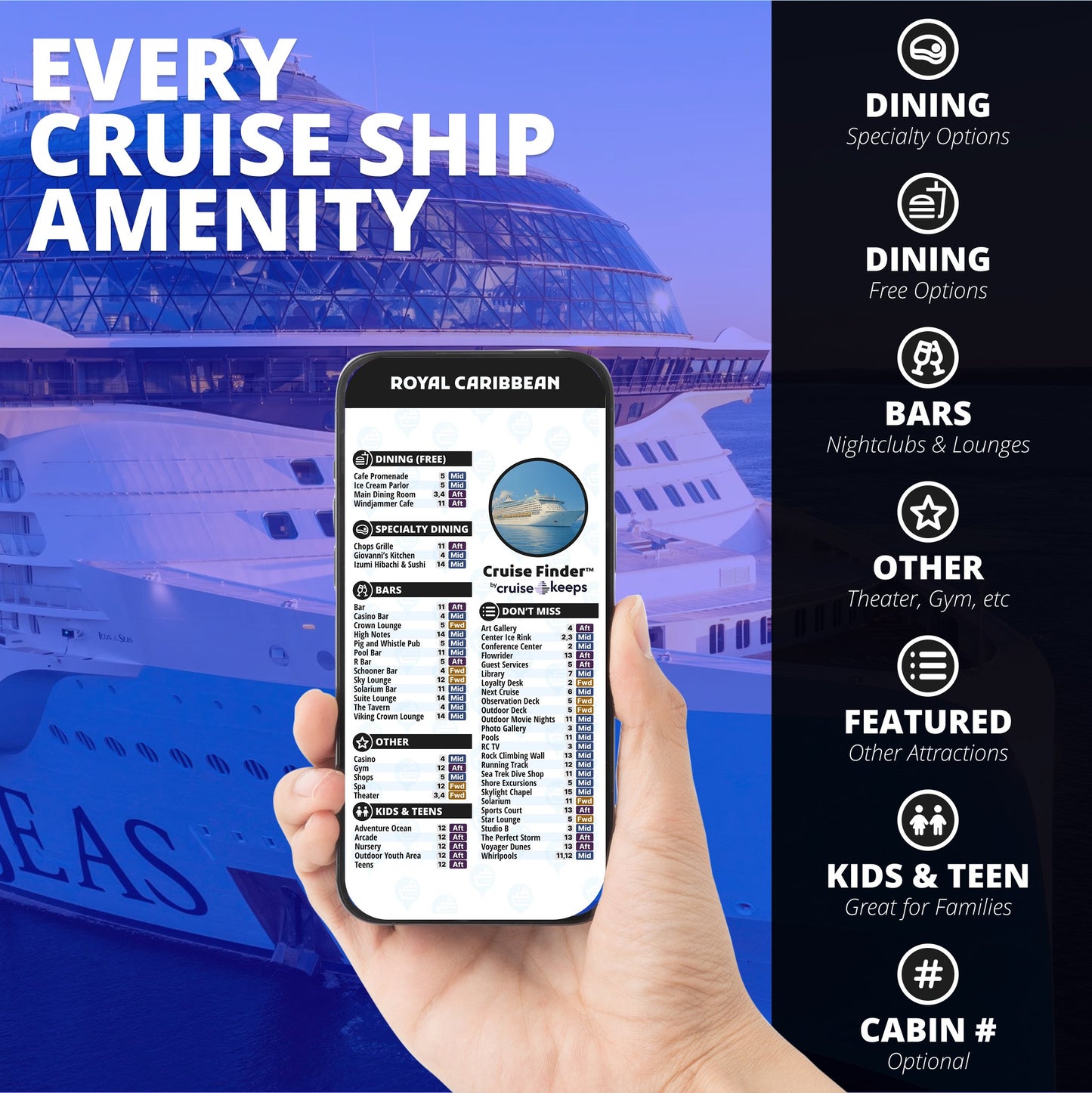 Hand holding a smartphone displaying a Royal Caribbean deck finder card with a cruise ship in the background.