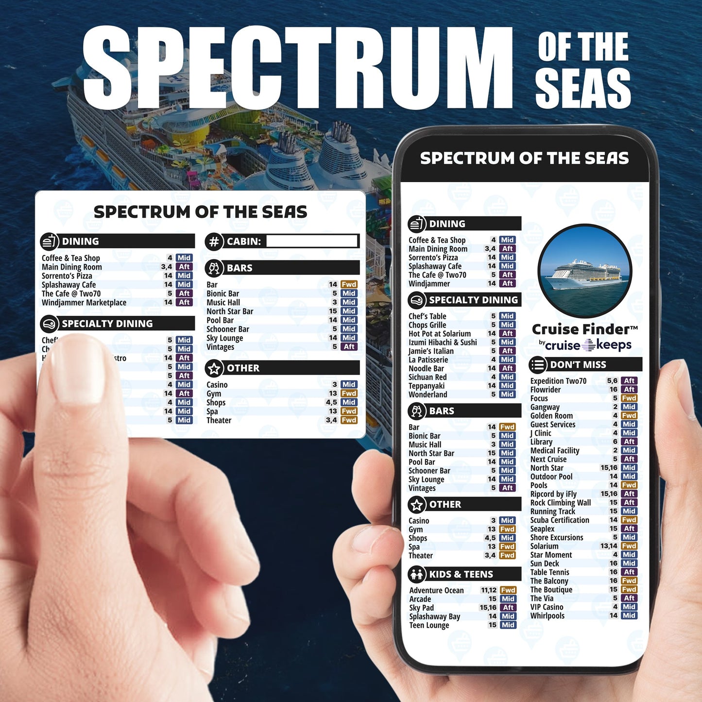 Spectrum of the Seas deck finder cards, printed card and digital locator on an iPhone device.