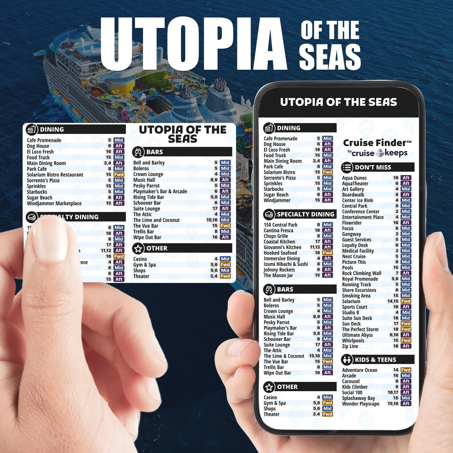Utopia of the Seas deck finder cards, printed card and digital locator on an iPhone device.