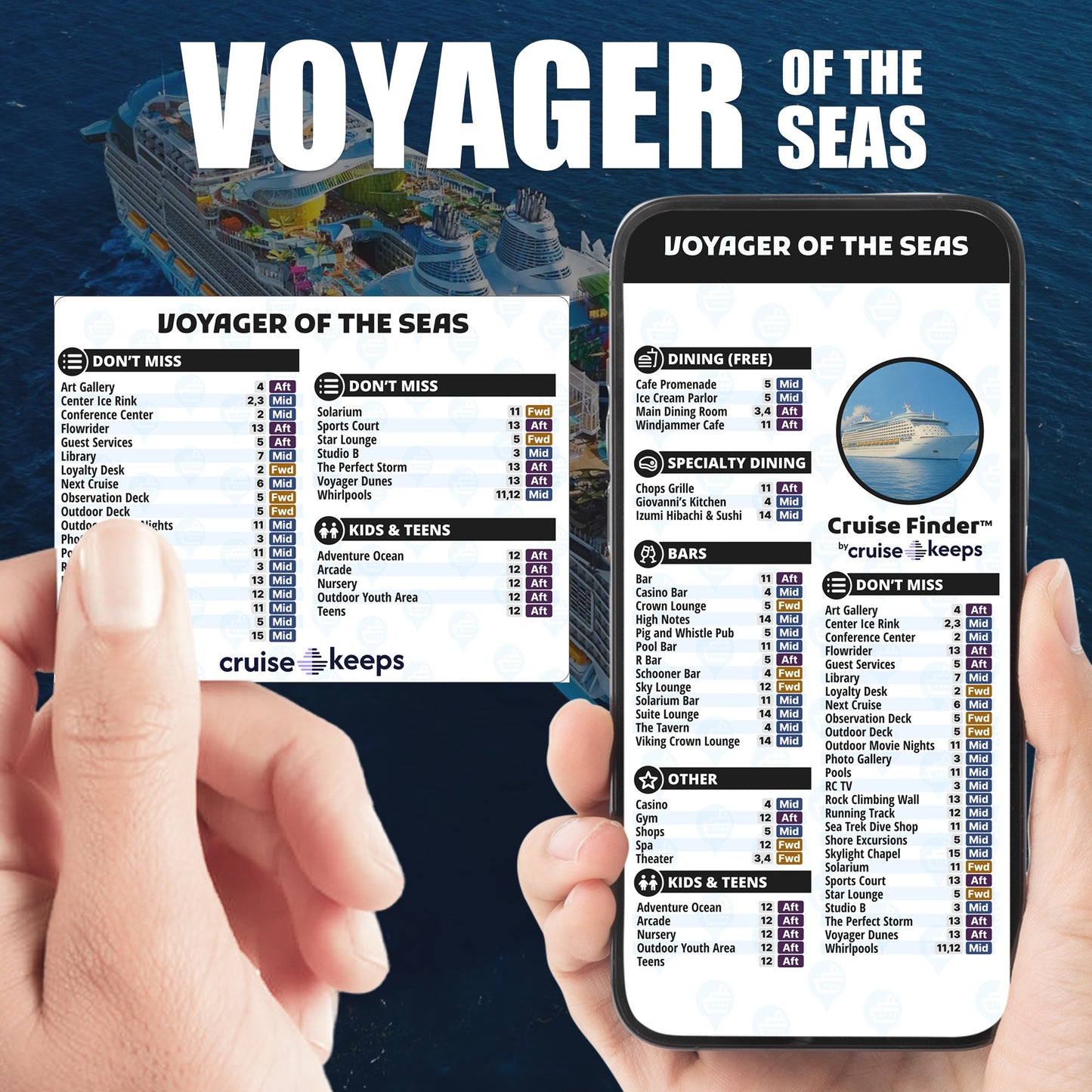 Voyager of the Seas deck finder cards, printed card and digital locator on an iPhone device.