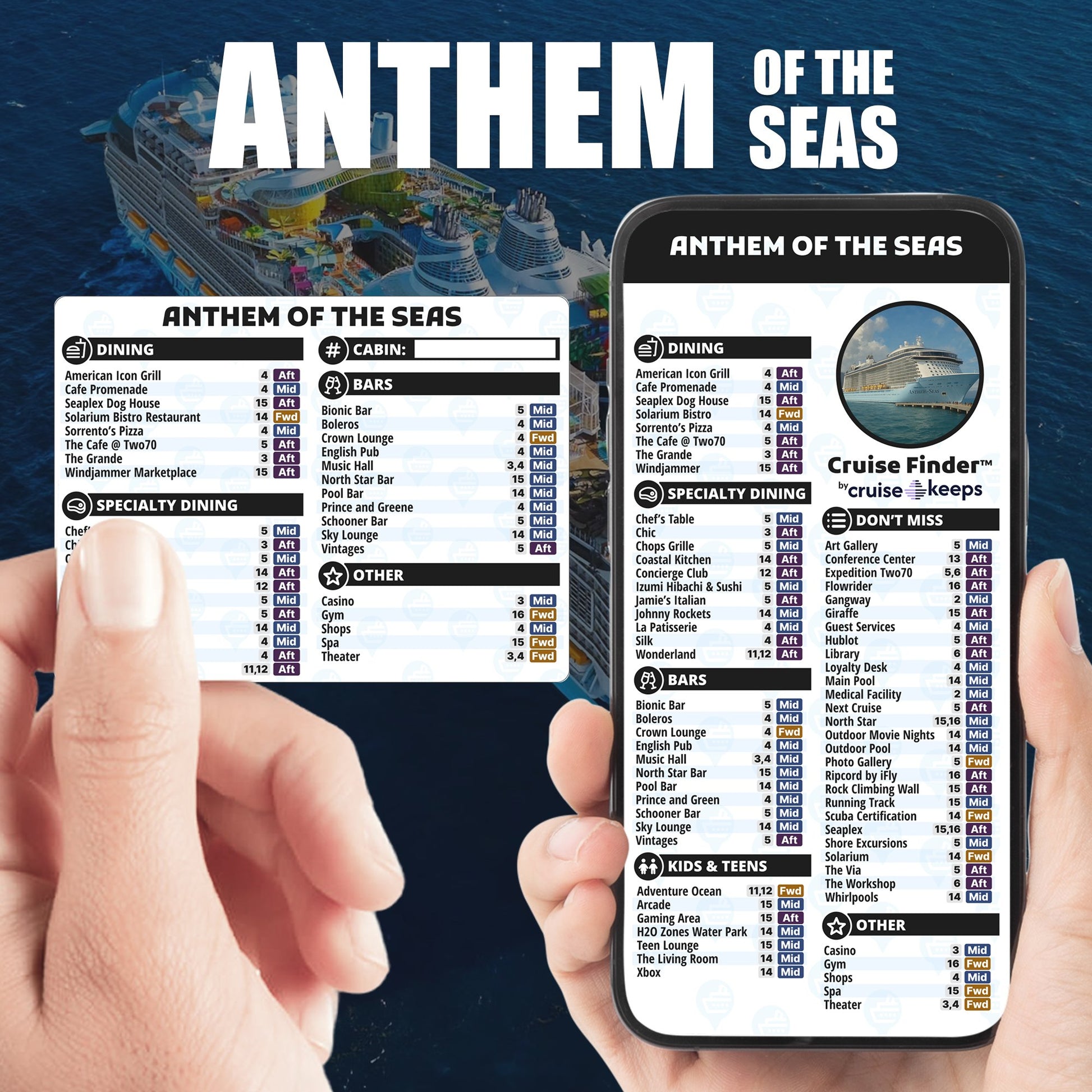 Anthem of the Seas deck finder cards, printed card and digital locator on an iPhone device.