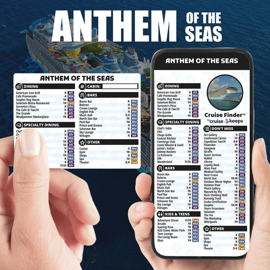Anthem of the Seas deck finder cards, printed card and digital locator on an iPhone device.