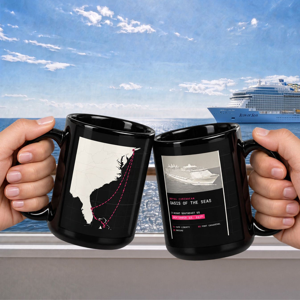 Two black ceramic mugs held by hands in front of a window with a cruise ship and ocean view. One mug shows a white map outline with a red flight path, and the other shows a cruise ship graphic with text.