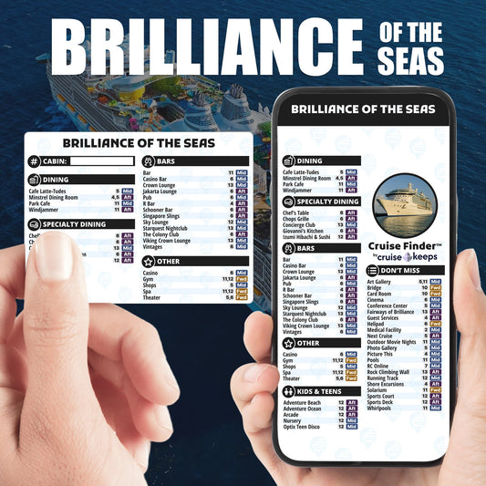 Brilliance of the Seas deck finder cards, printed card and digital locator on an iPhone device.