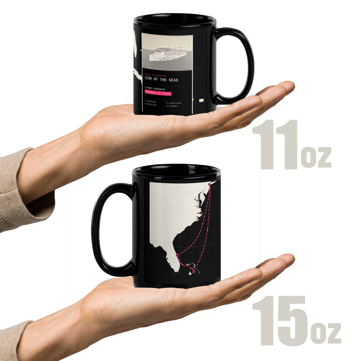Two custom cruise mugsheld in human hands against a white background, with size text overlays reading 11oz and 15oz. Both are personalized with the Icon of the Seas and sail date.
