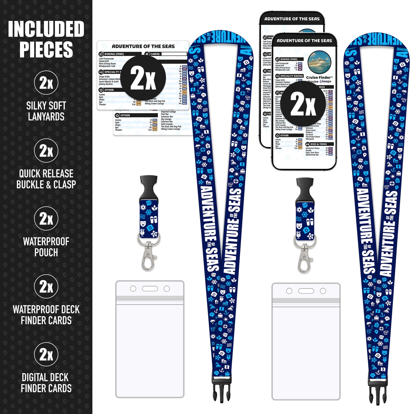 Royal Caribbean - Adventure of the Seas Cruise Lanyards & Deck Finder Cards (Waterproof Card & Phone Screen)