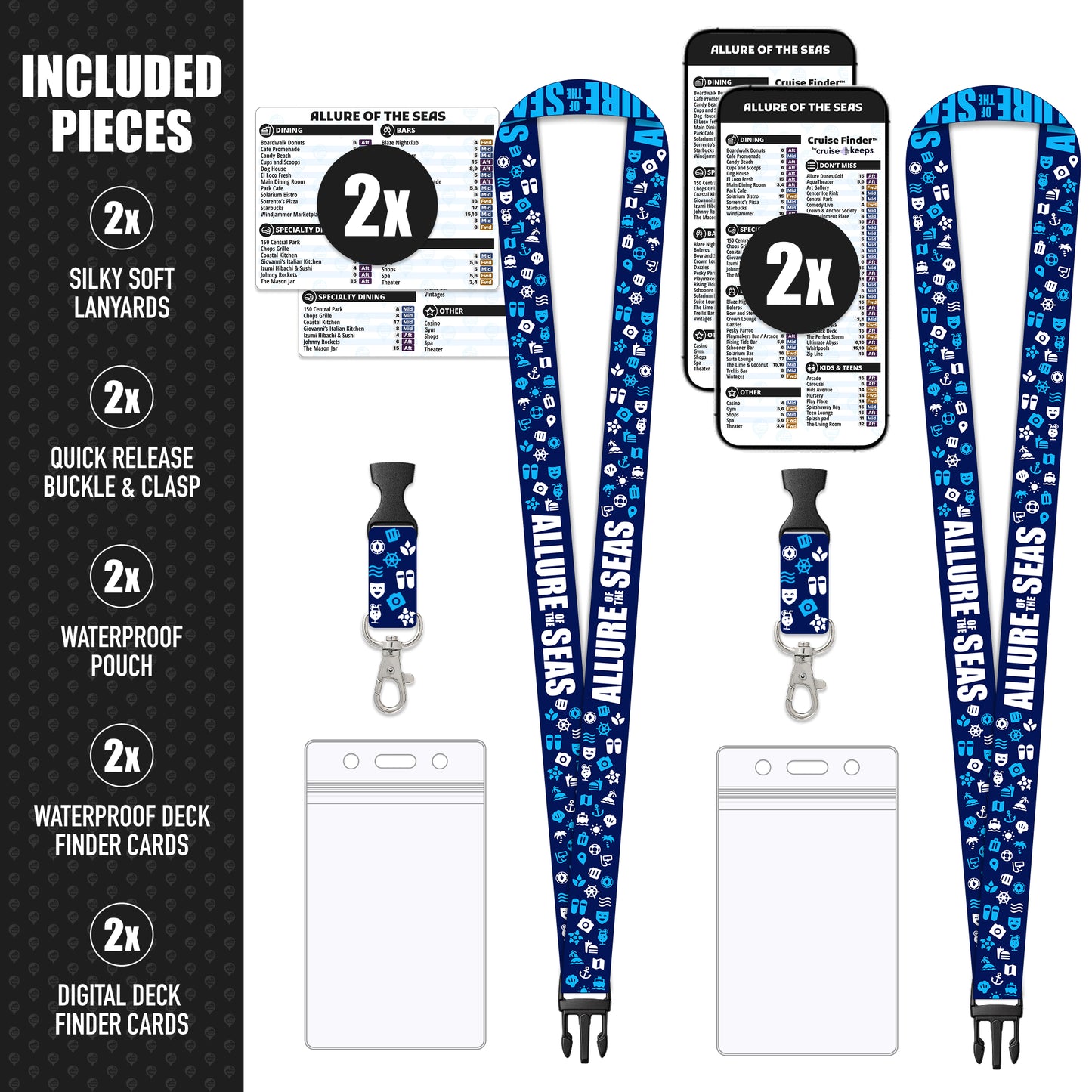 Royal Caribbean - Allure of the Seas Cruise Lanyards & Deck Finder Cards (Waterproof Card & Phone Screen)