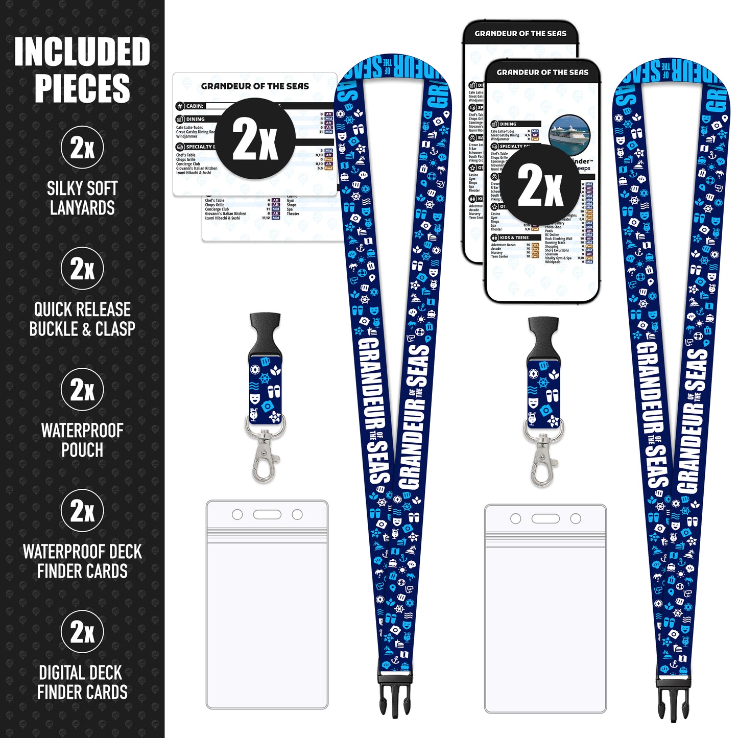 Royal Caribbean - Grandeur of the Seas Cruise Lanyards & Deck Finder Cards (Waterproof Card & Phone Screen)