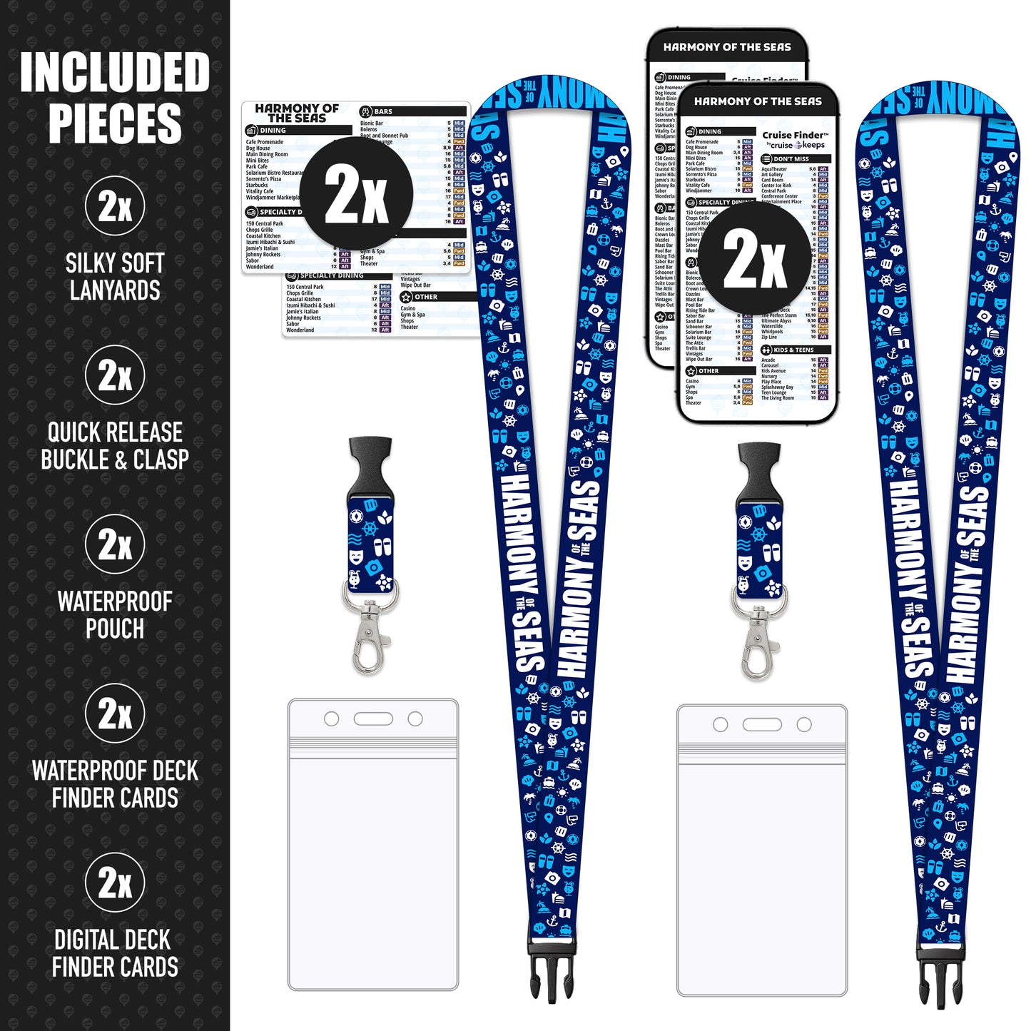 Royal Caribbean - Harmony of the Seas Cruise Lanyards & Deck Finder Cards (Waterproof Card & Phone Screen)