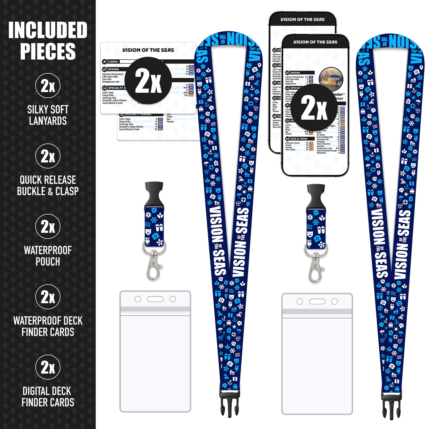 Royal Caribbean - Vision of the Seas Cruise Lanyards & Deck Finder Cards (Waterproof Card & Phone Screen)