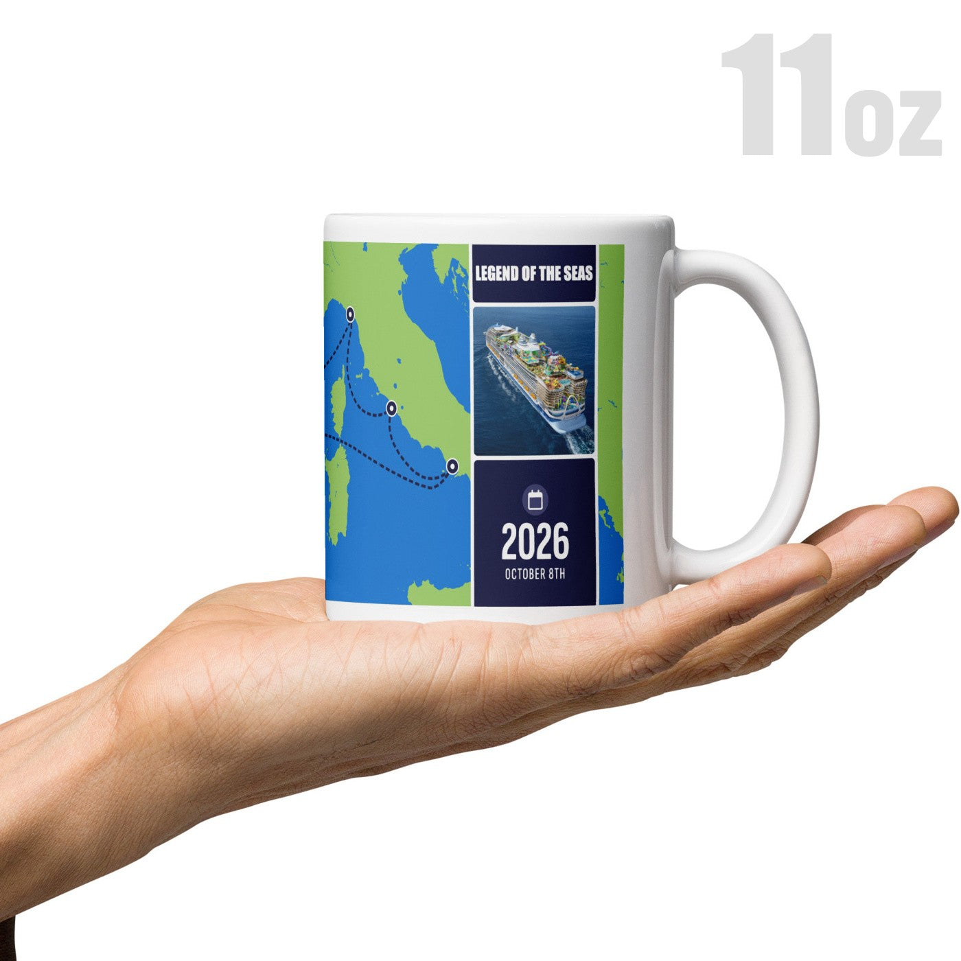 Custom cruise mug (11 ounce) in hand to reference size
