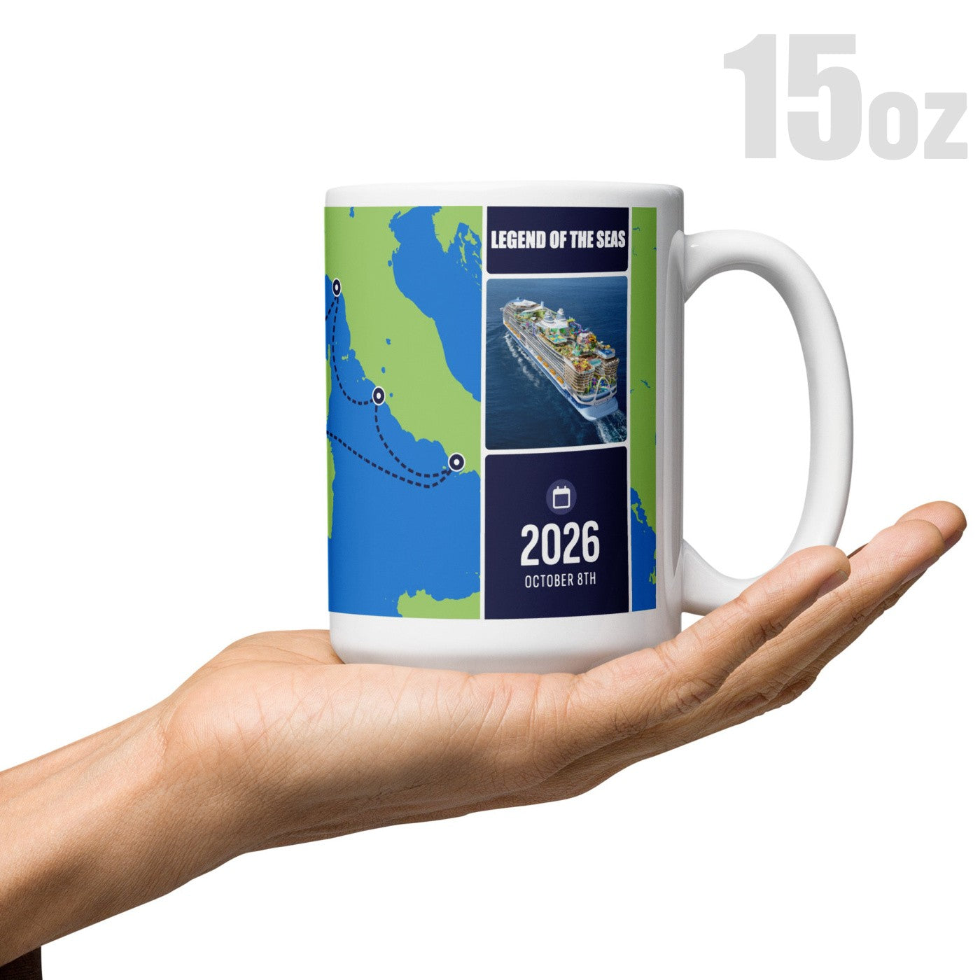Custom cruise mug (15 ounce) in hand to reference size