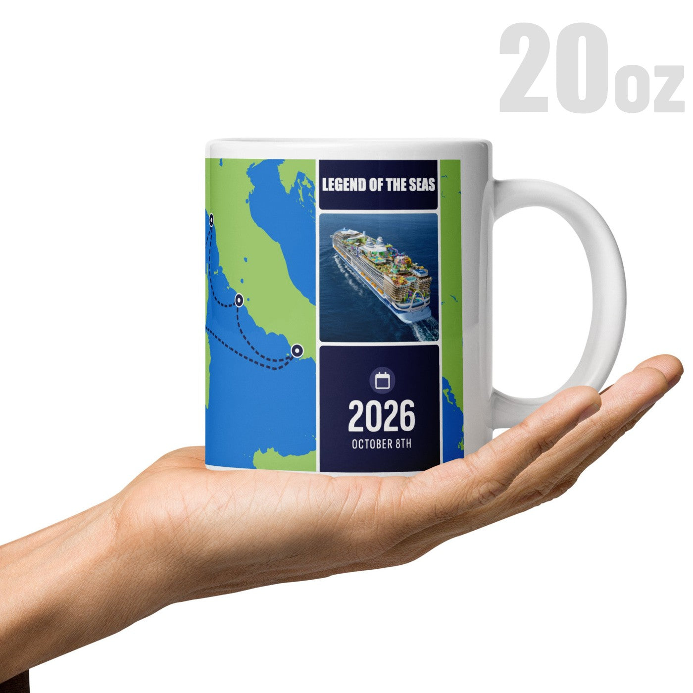 Custom cruise mug (20 ounce) in hand to reference size
