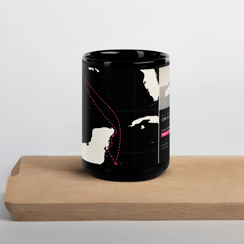 coffee mug with cruise itinerary customization showing the mapped cruise path.