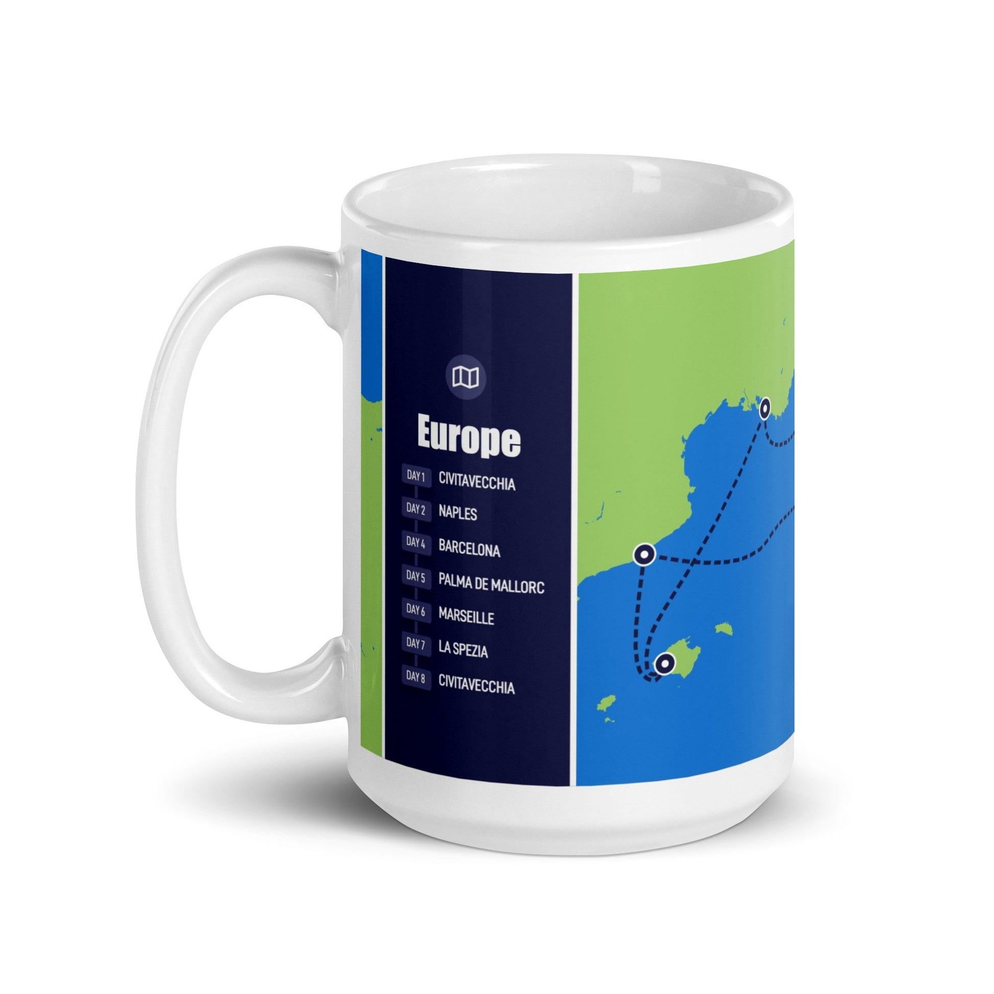 Mug with a map of personalized European cruise design on a white background
