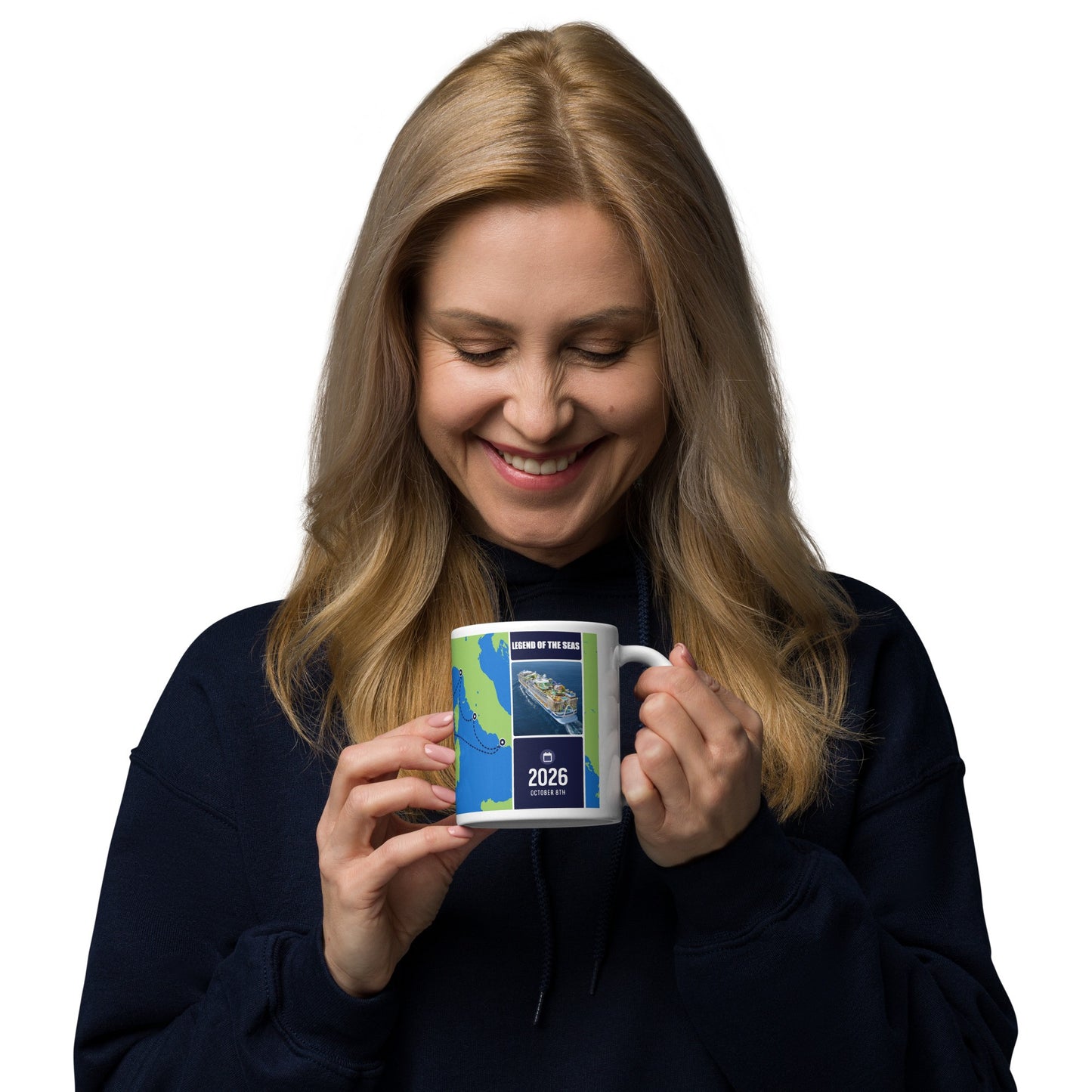 Woman holding a custom cruise coffee mug with a design and text on a white background