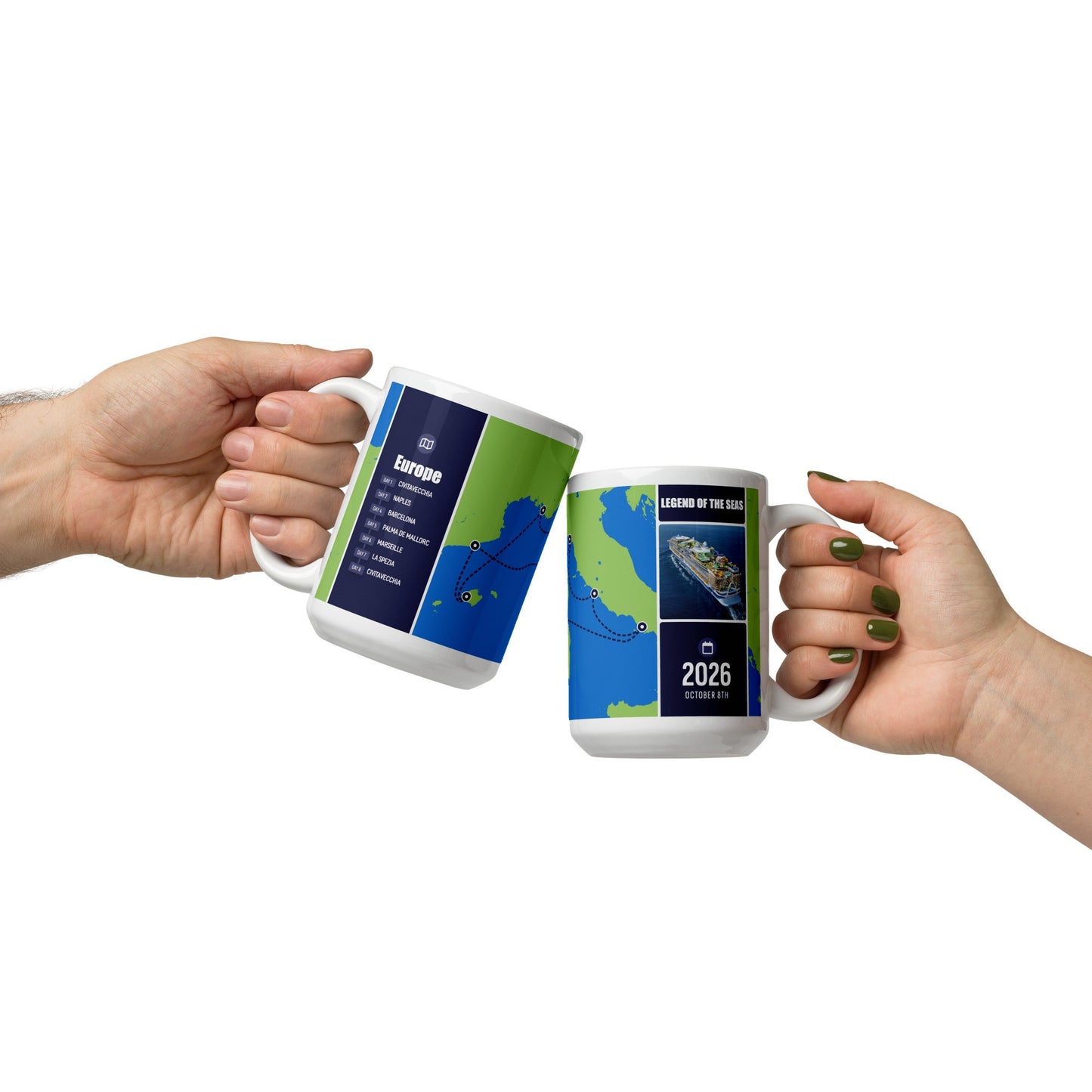 Two hands holding mugs with cruise map designs and ship and ports text on a white background