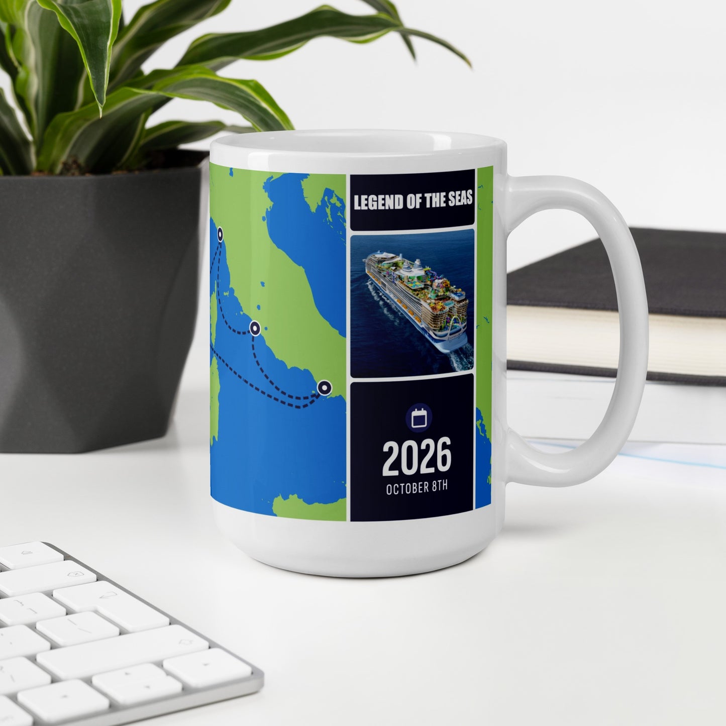 Cruise ship coffee mug on desk