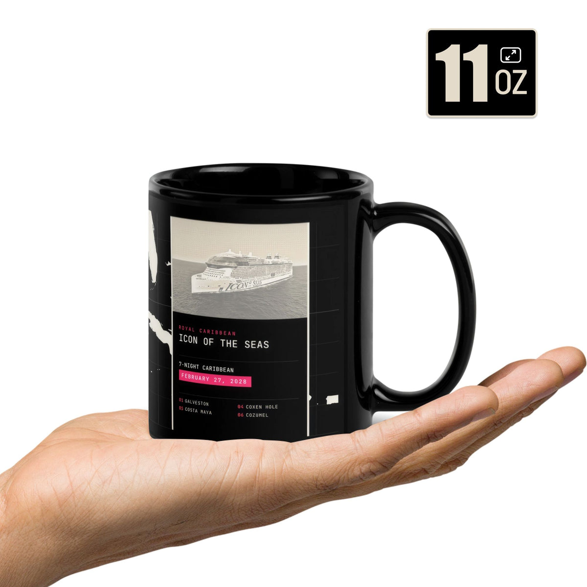 Custom cruise gift coffee mug showing Icon of the Seas ship and sail date indicating personalization of ship and sail date.