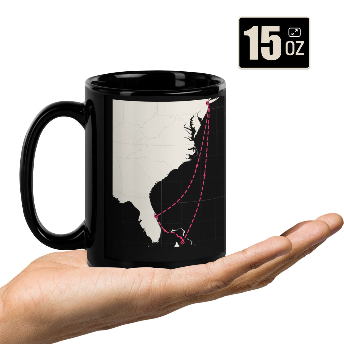 Custom cruise coffee mug (black) featuring a cruise itinerary map with the coffee mug size of 15 oz displayed.
