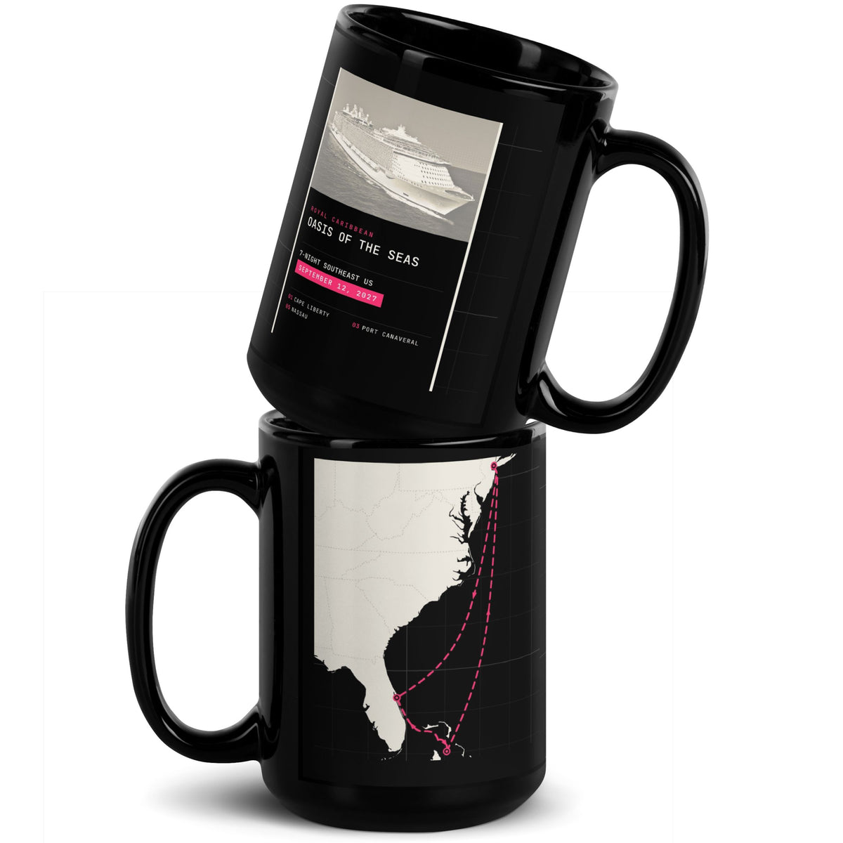 Custom cruise gifts showing two stacked coffee mugs displaying the Oasis of the Seas ship and its itinerary map.
