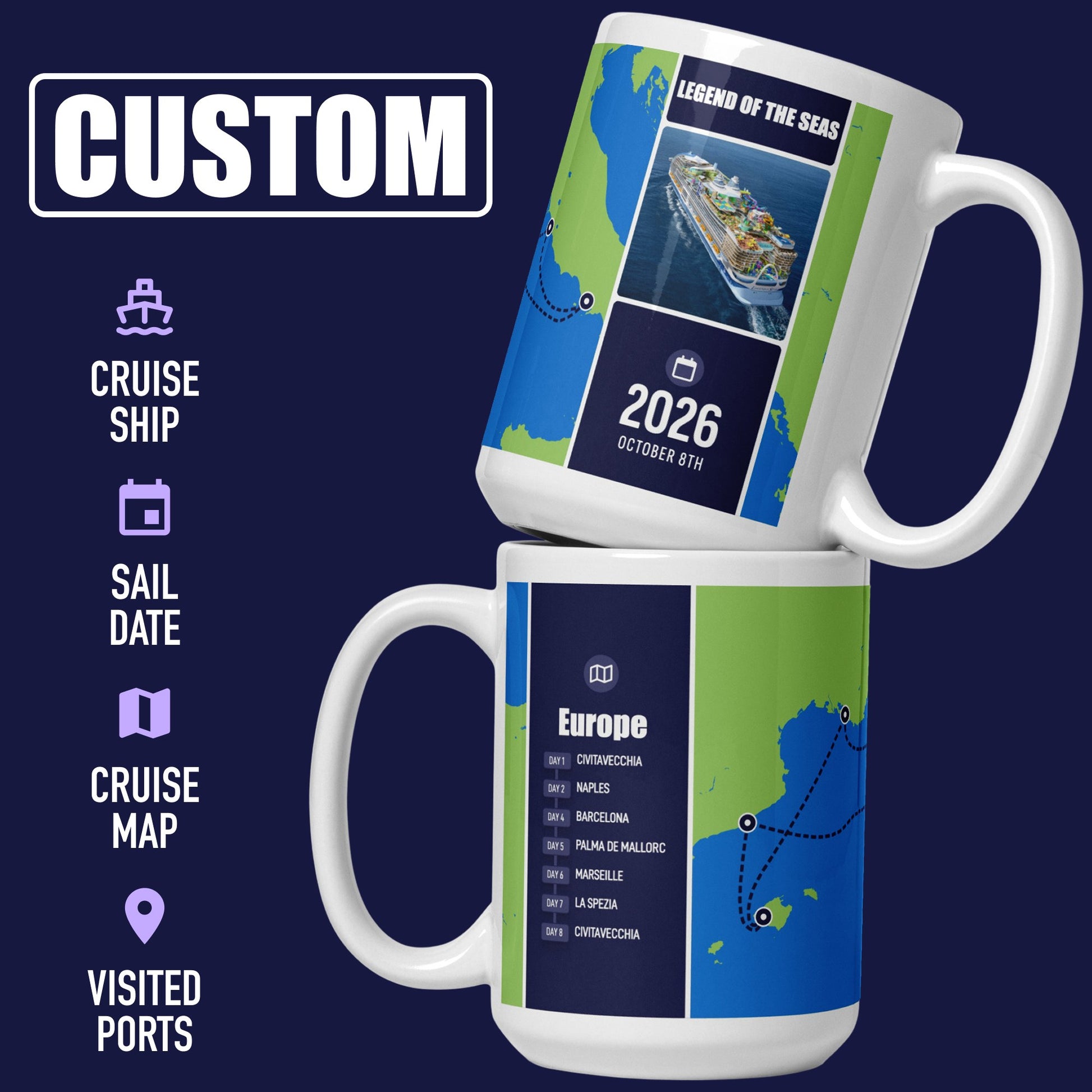 Two mugs with personalized cruise ship design, including map and details, on a dark blue background.