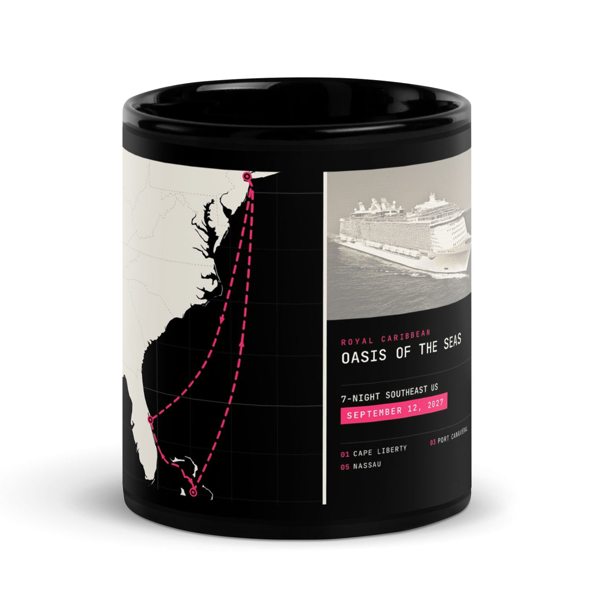 A black ceramic mug featuring a travel-themed graphic print for the Royal Caribbean cruise 'Oasis of the Seas'. The print includes a black silhouette of the Florida coast with a pink dashed voyage route, a sepia-toned cruise ship illustration, and destination text.