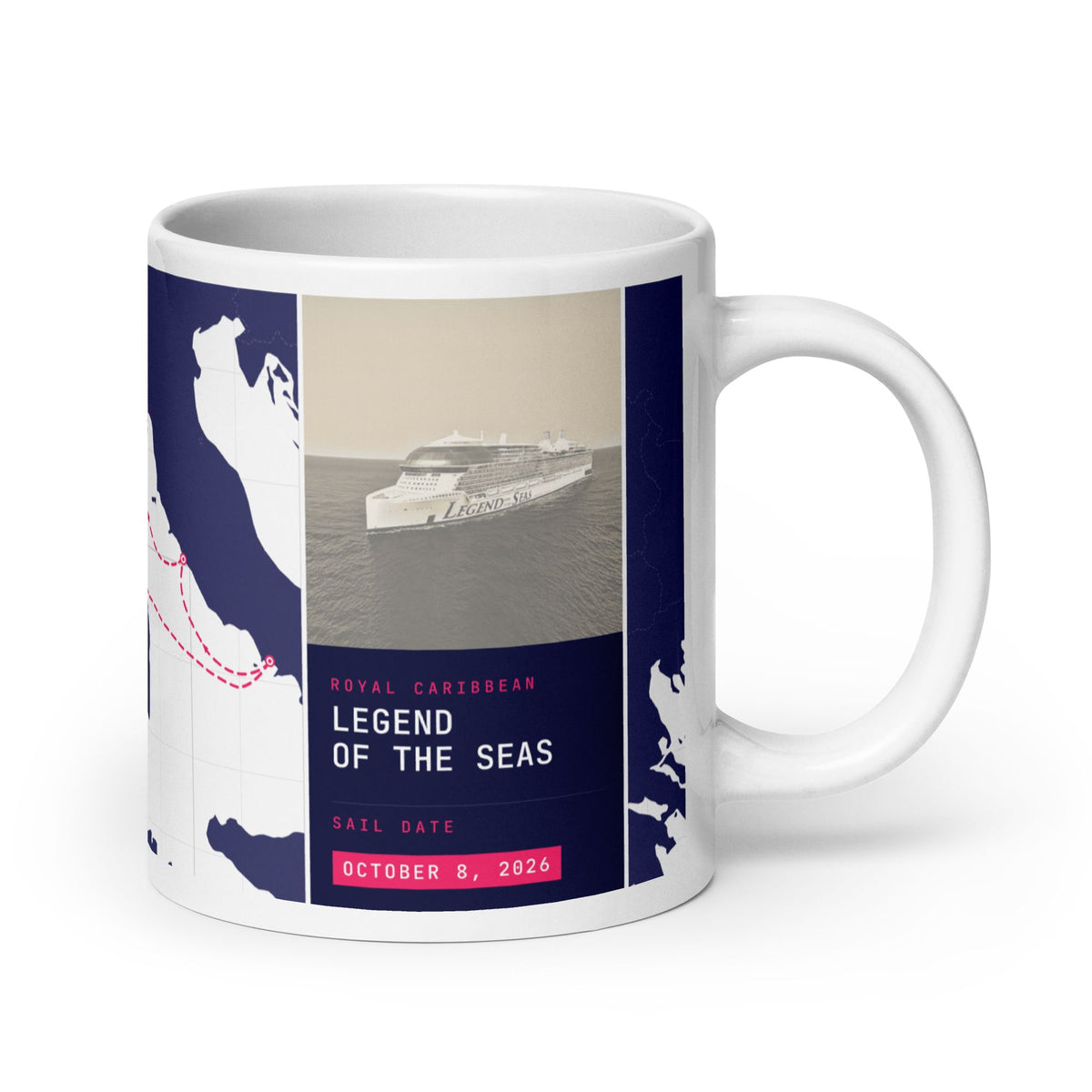 cruisekeeps custom coffee mug with ship, ports, and itinerary map