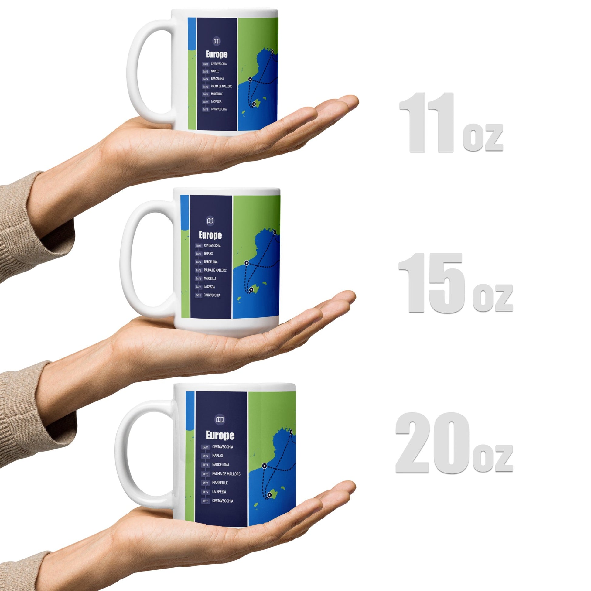 Three custom cruise mugs of different sizes held by hands, with labels indicating 11 oz, 15 oz, and 20 oz capacities.