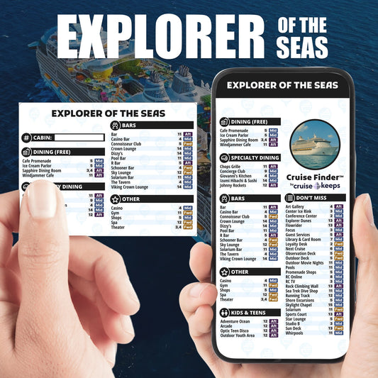 Explorer of the Seas deck finder cards, printed card and digital locator on an iPhone device.
