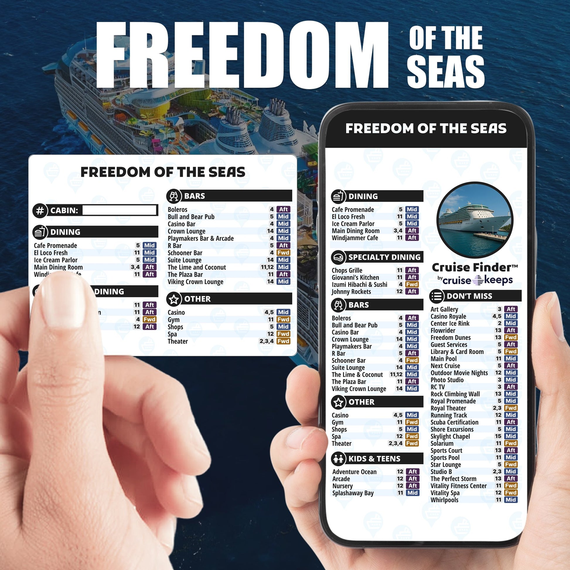 Freedom of the Seas deck finder cards, printed card and digital locator on an iPhone device.
