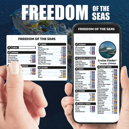 Freedom of the Seas deck finder cards, printed card and digital locator on an iPhone device.
